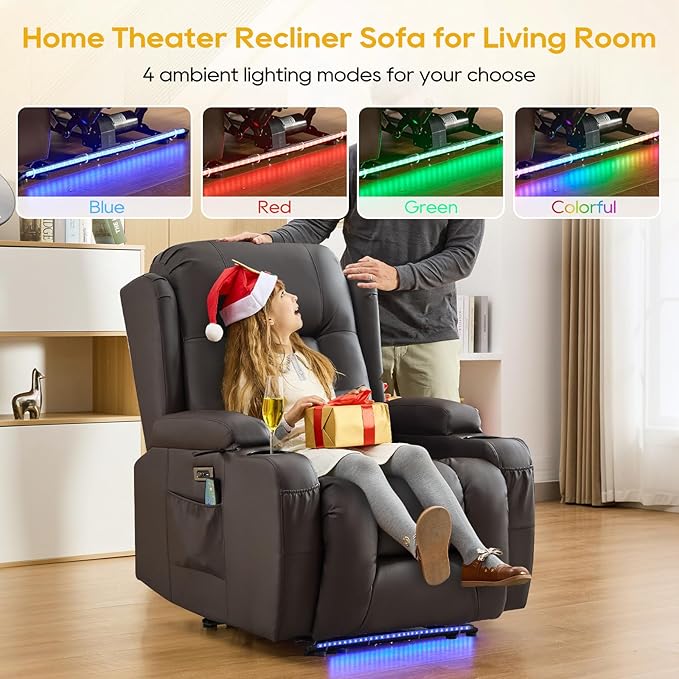 IPKIG Power Recliner Chair, Electric Home Theater Seating with 4 Colors Ambient Lighting/USB Ports/Cup Holders/Side Pockets for Living Room, Bedroom, Home, RVs (Brown, Single Chair)