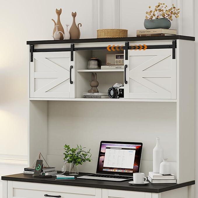 Farmhouse 47" Executive Desk, Computer Desk with Drawers and Storage Cabinet, Home Office Desks with Hutch and Charging Station, Workspace for Work & Study (Black).