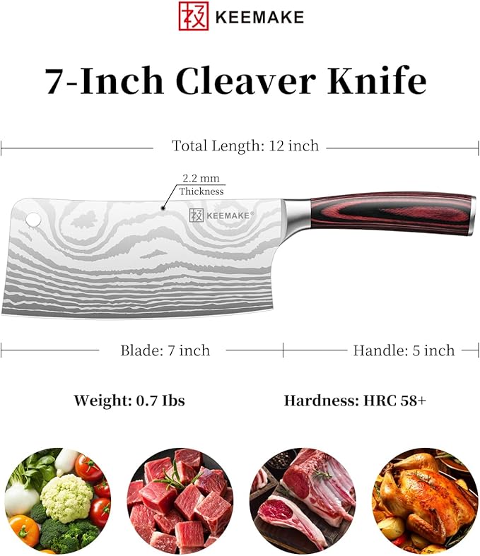 KEEMAKE Meat Cleaver Knife 7-Inch Razor Sharp High Carbon Steel Kitchen Knife, Butcher Knife Perfect for Chopping Meat & Veggies, Pakkawood Handle Ideal for Home & Professional Chefs, W/Sheath