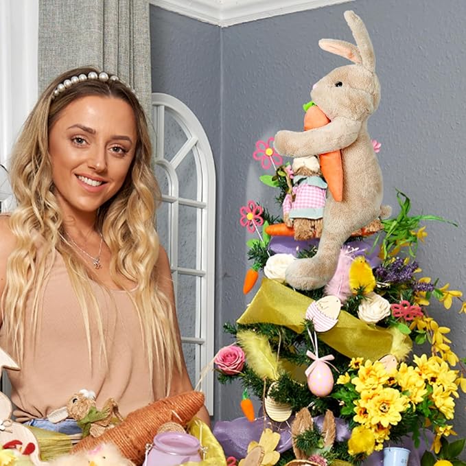 Easter Bunny Tree Topper Decorations,Spring Plush Rabbit Hugged Carrot for Tree Basket Stuffers Holiday Home Party Supplies Decor Gray