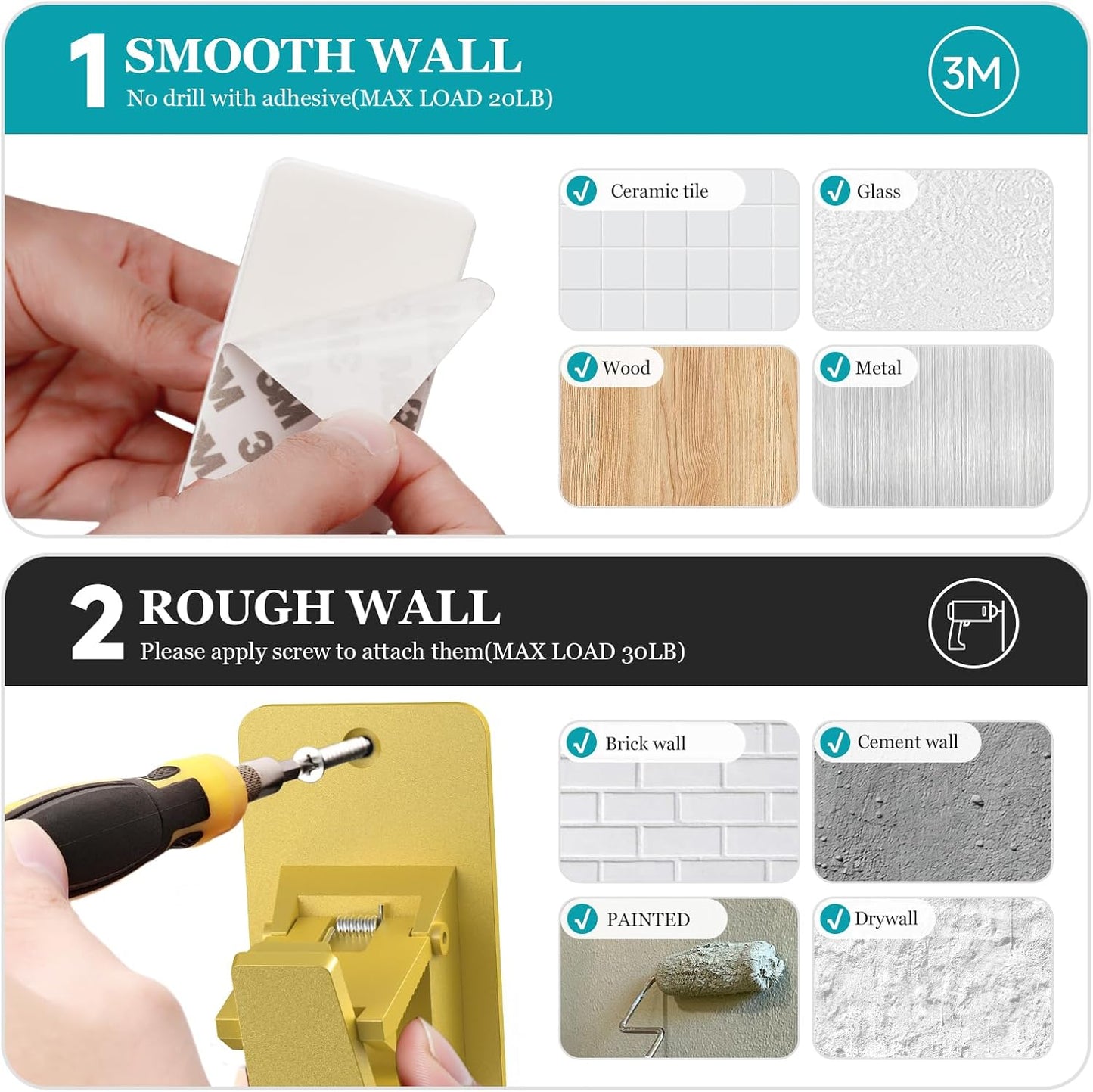 3M Adhesive No Drill Curtain Rod Brackets - Heavy Duty 30LB Holders for Bathroom Bedroom Kitchen, Universal Damage-Free Window Rod Hooks with Nail-Free Installation (8PC Gold)