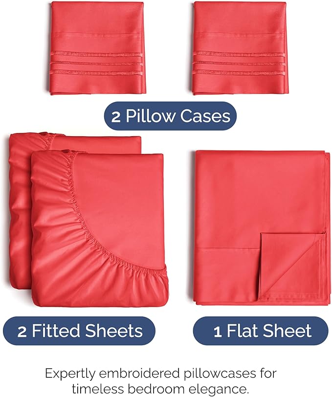 Split King Size 5 Piece Sheet Set - Comfy Breathable & Cooling Bed Sheets Set - Hotel Luxury Bedding for Women, Men, Kids, Teens, Boys & Girls - Deep Pockets, Ultra-Soft, Wrinkle Free - Oeko-Tex - Red