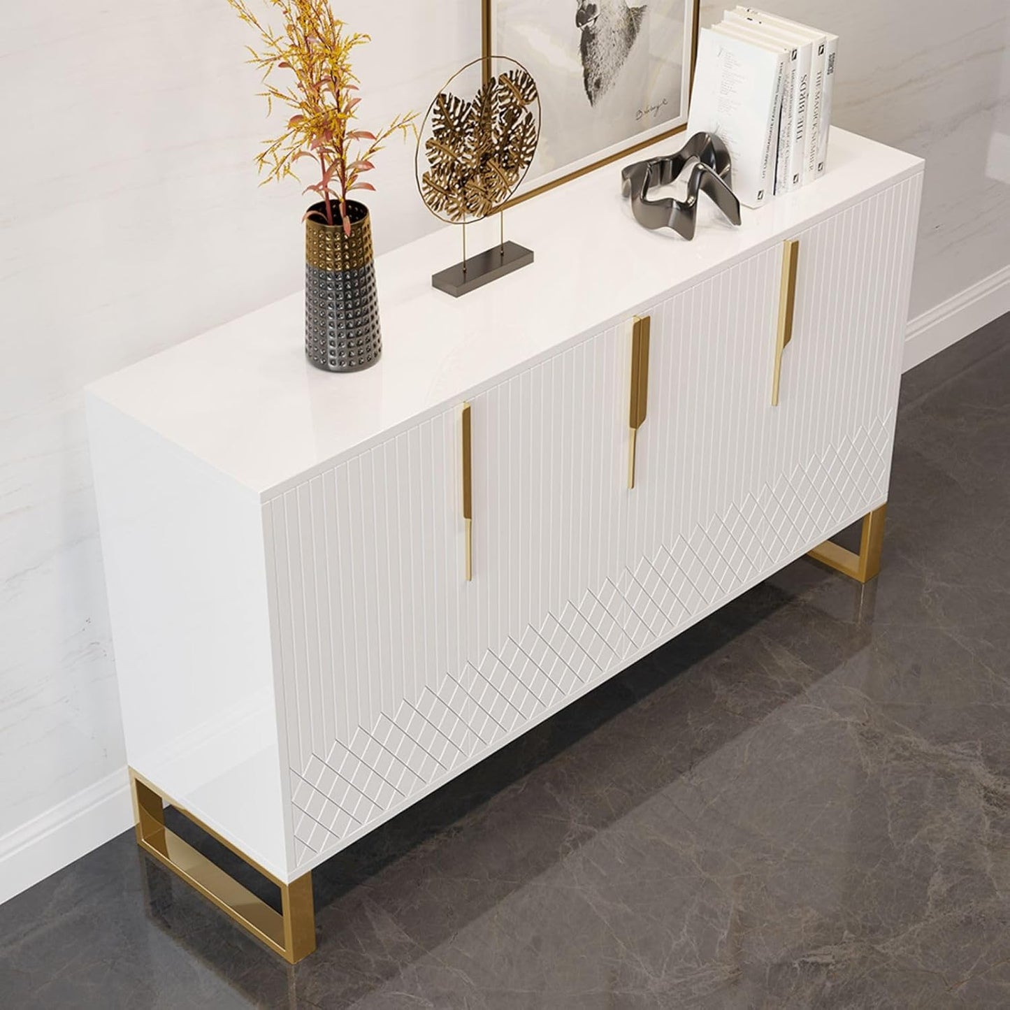 homary Modern 59" Buffet Cabinet Table with 4 Doors & 6 Shelves - Sideboard Cabinet for Dining Room, Kitchen (White)