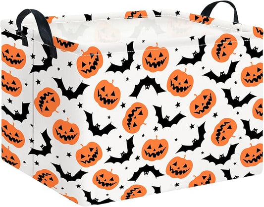 CLOCOR Rectangular Storage Basket Empty, Gift Basket for Halloween, Waterproof Storage Bin with Handles, Room Decor(Bat Pumpkin Halloween)