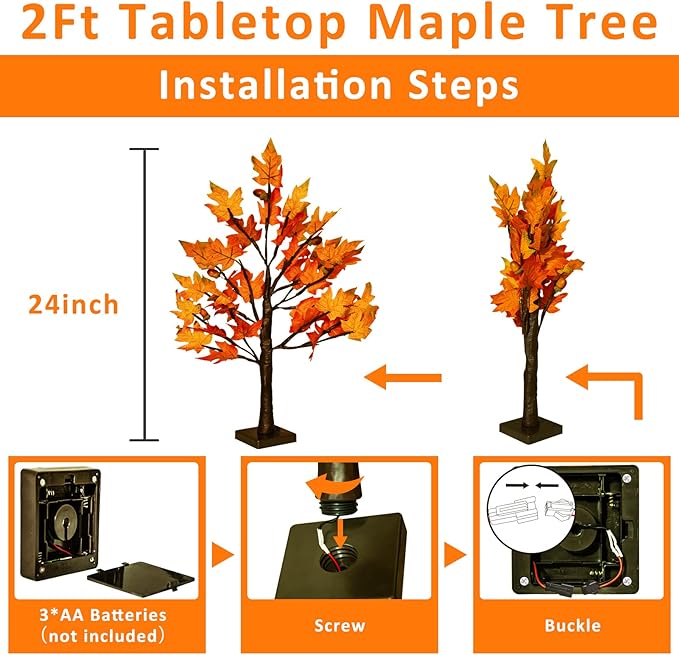 FastDeng 2ft Tabletop Lighted Maple Tree, 36 LED Warm White Artificial Fall Tree Lights with 6pcs Acorn Timing Battery Operated for Indoor Autumn Harvest Home Decor, Thanksgiving Decorations