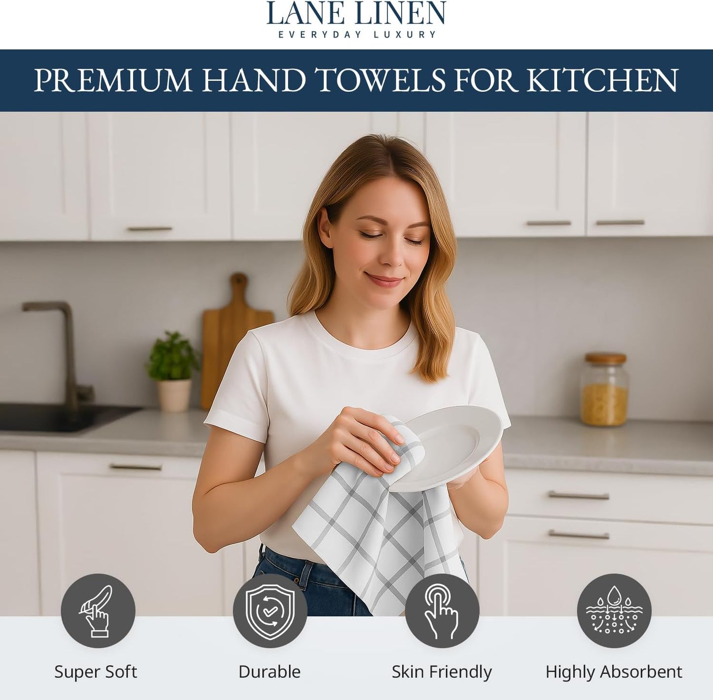 LANE LINEN Cotton Kitchen Towels and Dish Cloths Set, 6-Pack – Absorbent, Quick-Drying Dish Towel, 18" x 28", Soft, Premium Hand and Tea Towels - Grey