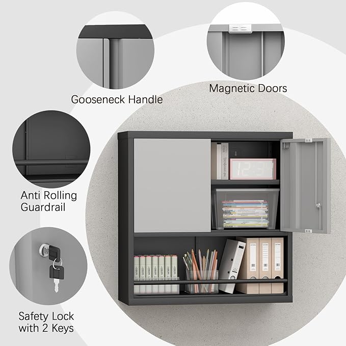 LUCYPAL Metal Wall Cabinet with Adjustable Shelf,Garage Wall Cabinets with Locking Doors and Open Storage,Steel Utility Storage Cabinets for Home Office,Warehouse,Black&Grey