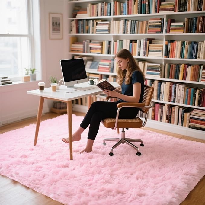 Pink Rug for Girls Bedroom, 5x7 Fluffy Area Rugs for Kids Playroom, Furry Carpet for Nursery Room, Shaggy Rug for Teen Living Room, Thick Fuzzy Plush Rug for Dorm, Cute Room Decor for Baby