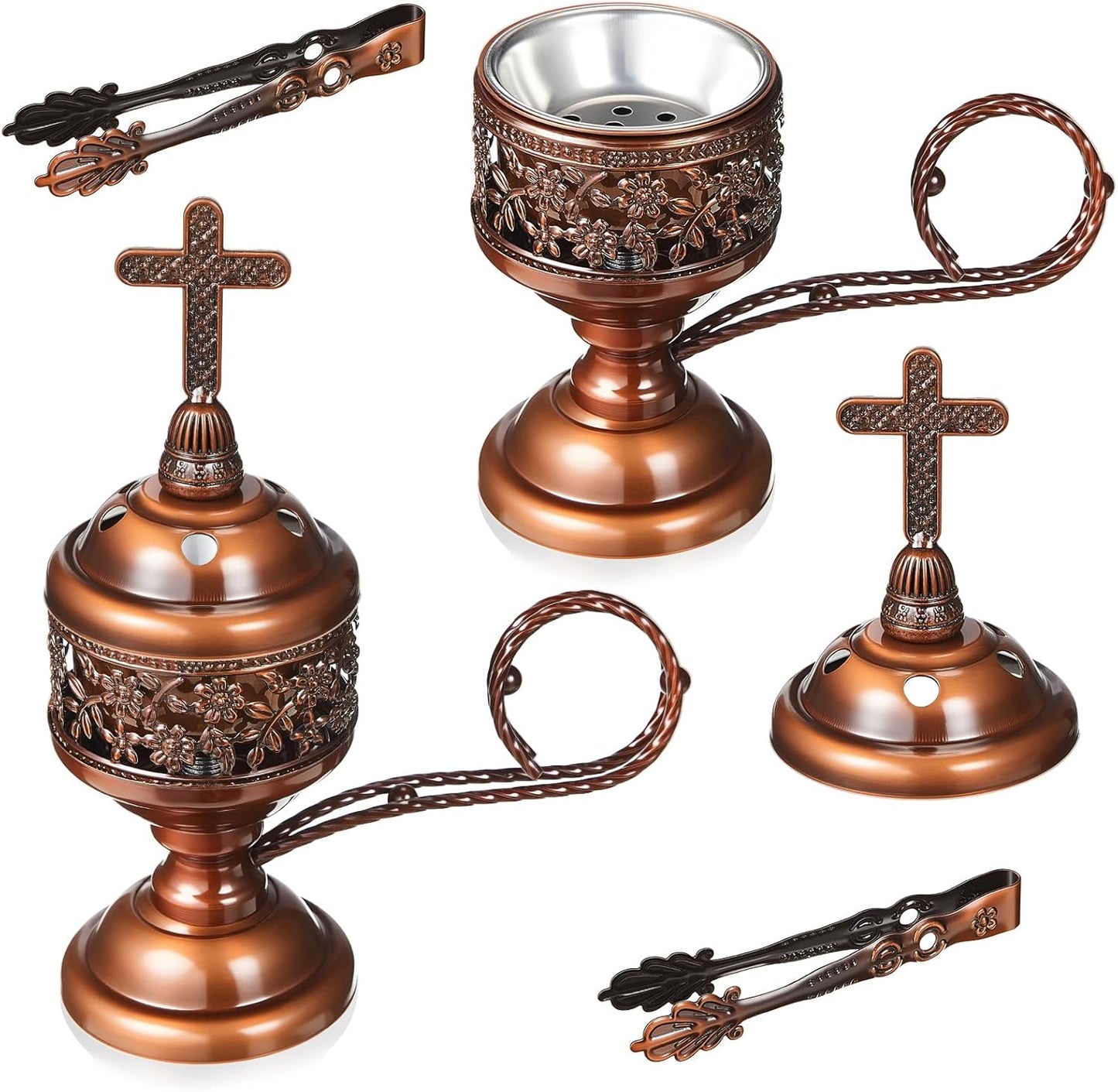 Zonon 2 Sets Incense Burner with Tong, Frankincense Charcoal Incense Stand Holder, Ideal for Yoga, Spa, Aromatherapy, Home and Christian Church Censer(Red Copper)
