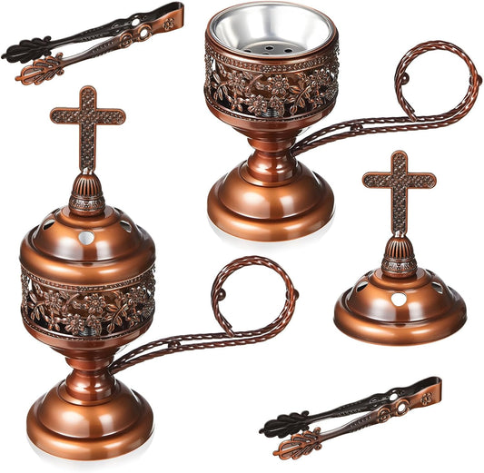 Zonon 2 Sets Incense Burner with Tong, Frankincense Charcoal Incense Stand Holder, Ideal for Yoga, Spa, Aromatherapy, Home and Christian Church Censer(Red Copper)
