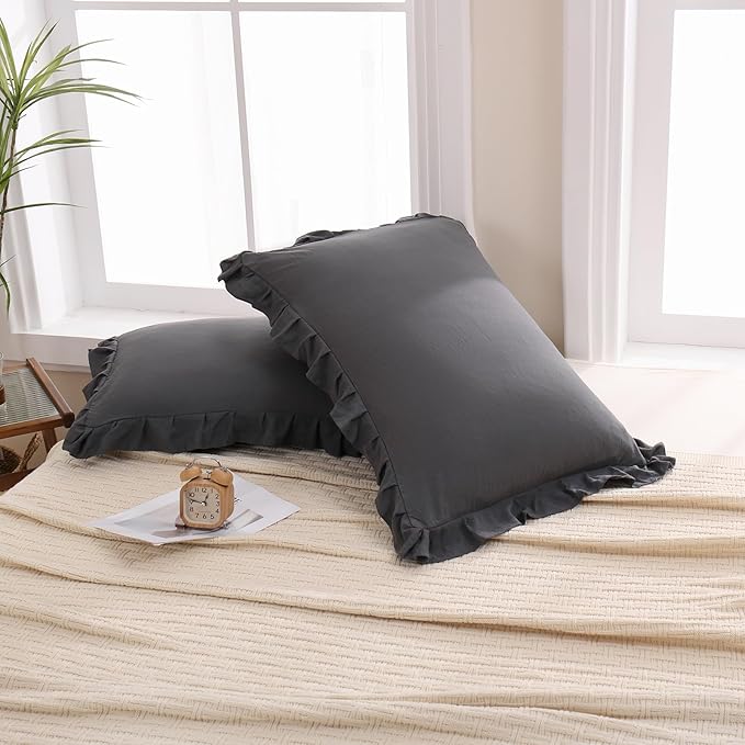 Merryword Reversible King Pillowcases Cute Pillow Cover Set of 2 Soft Shabby Chic Ruffled Pillowcases 2 Pack (King (20''x36''), Gray)