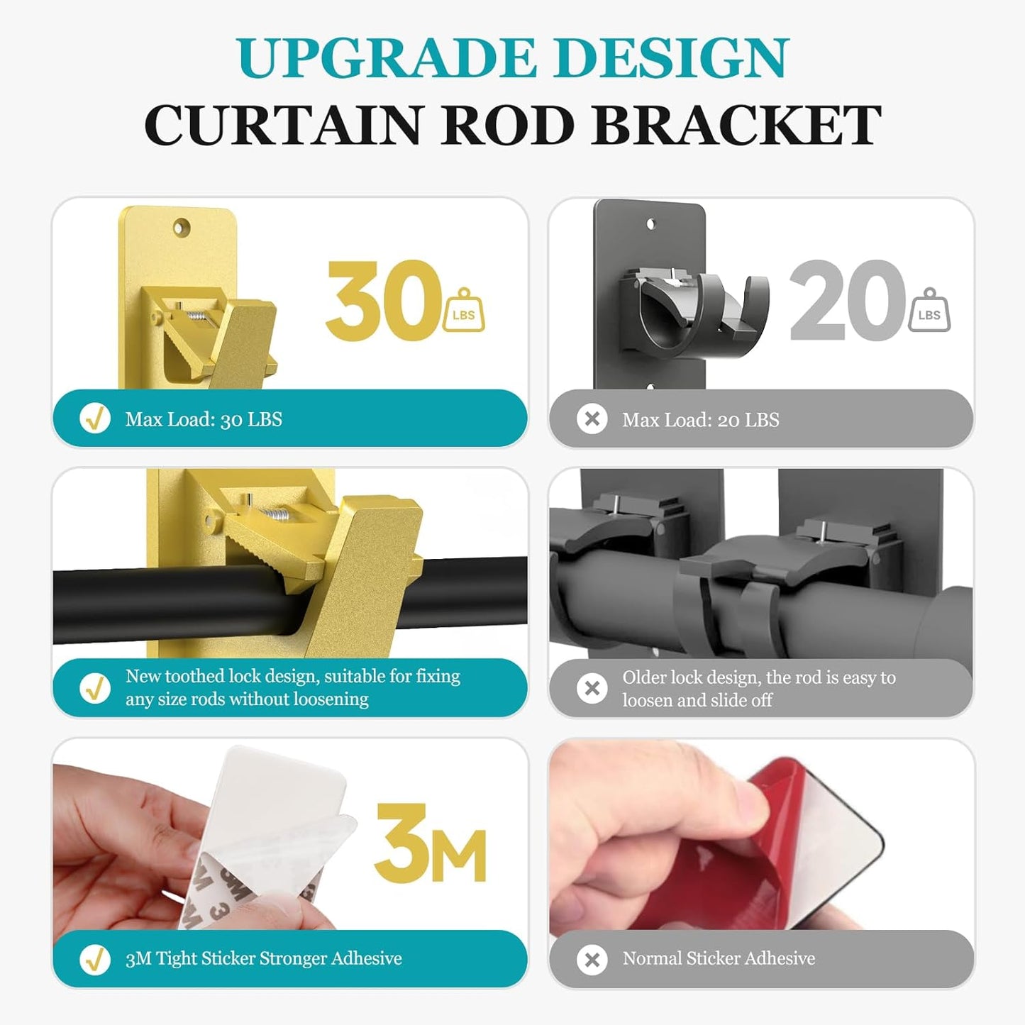 3M Adhesive No Drill Curtain Rod Brackets - Heavy Duty 30LB Holders for Bathroom Bedroom Kitchen, Universal Damage-Free Window Rod Hooks with Nail-Free Installation (8PC Gold)