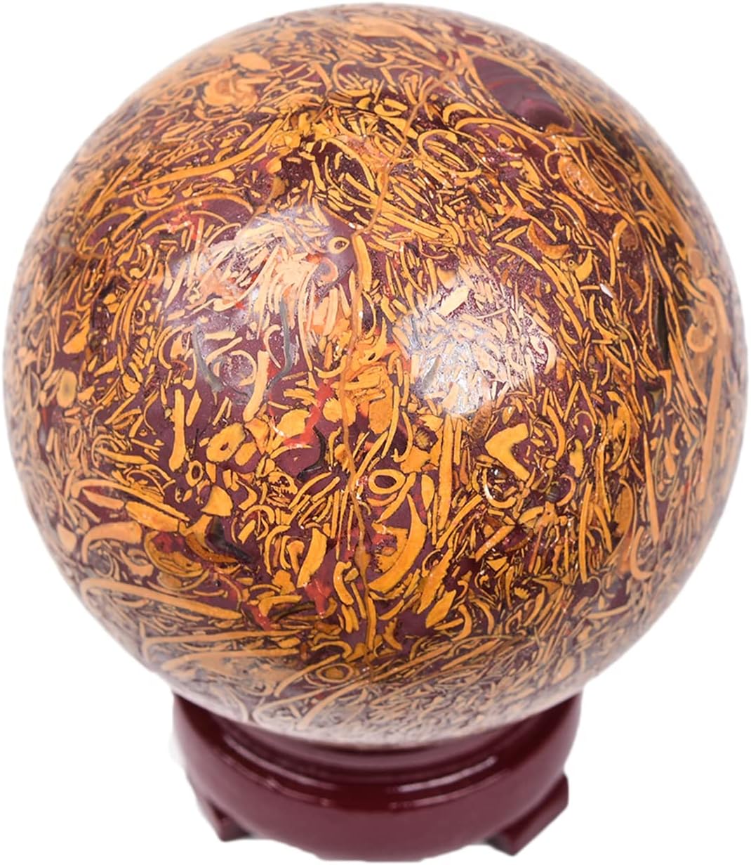 JIC Gem Real Natural Large Crystal Sphere Ball with Wooden Stand for Fengshui Golden Jade Healing Crystal Ball Decoation Meditation Energy Reiki Ball (100-110mm), 4-4.5inch