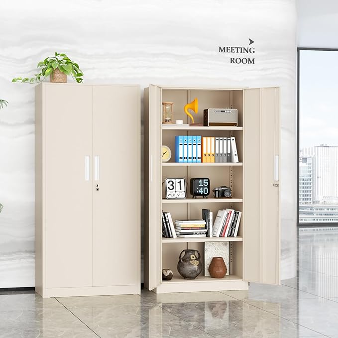 SUNCROWN 72" Metal Storage Cabinet - Heavy-Duty Metal Garage Cabinet with 4 Adjustable Shelves & 2 Doors for Tools, Office, Home, Workshop,Warm Grey-Small