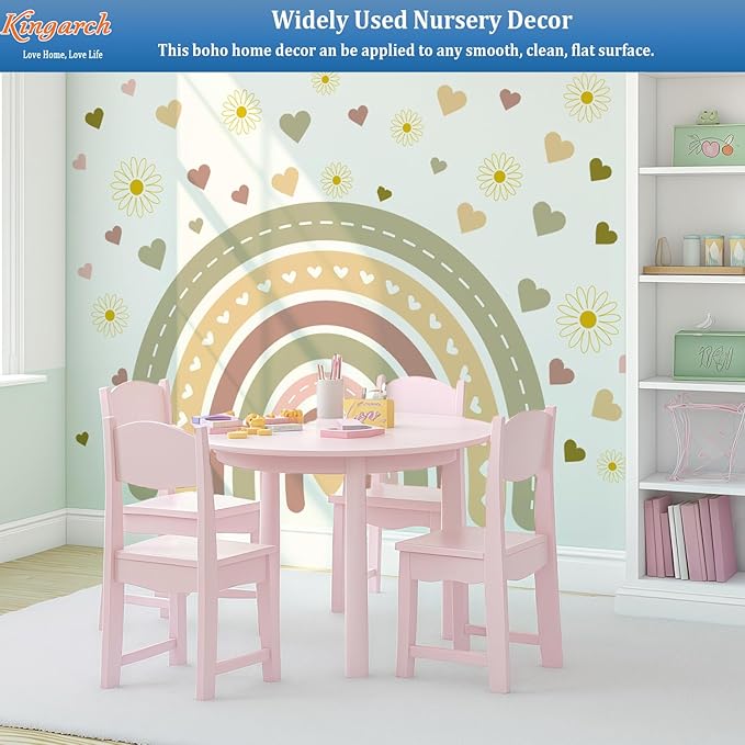 Large Boho Rainbow Wall Decals, Hearts Flowers Peel and Stick Fabric Nursery Wall Decor, Removable Home Room Wall Decor Murals Stickers for Kids Girls Toddler Bedroom Living Room Playroom