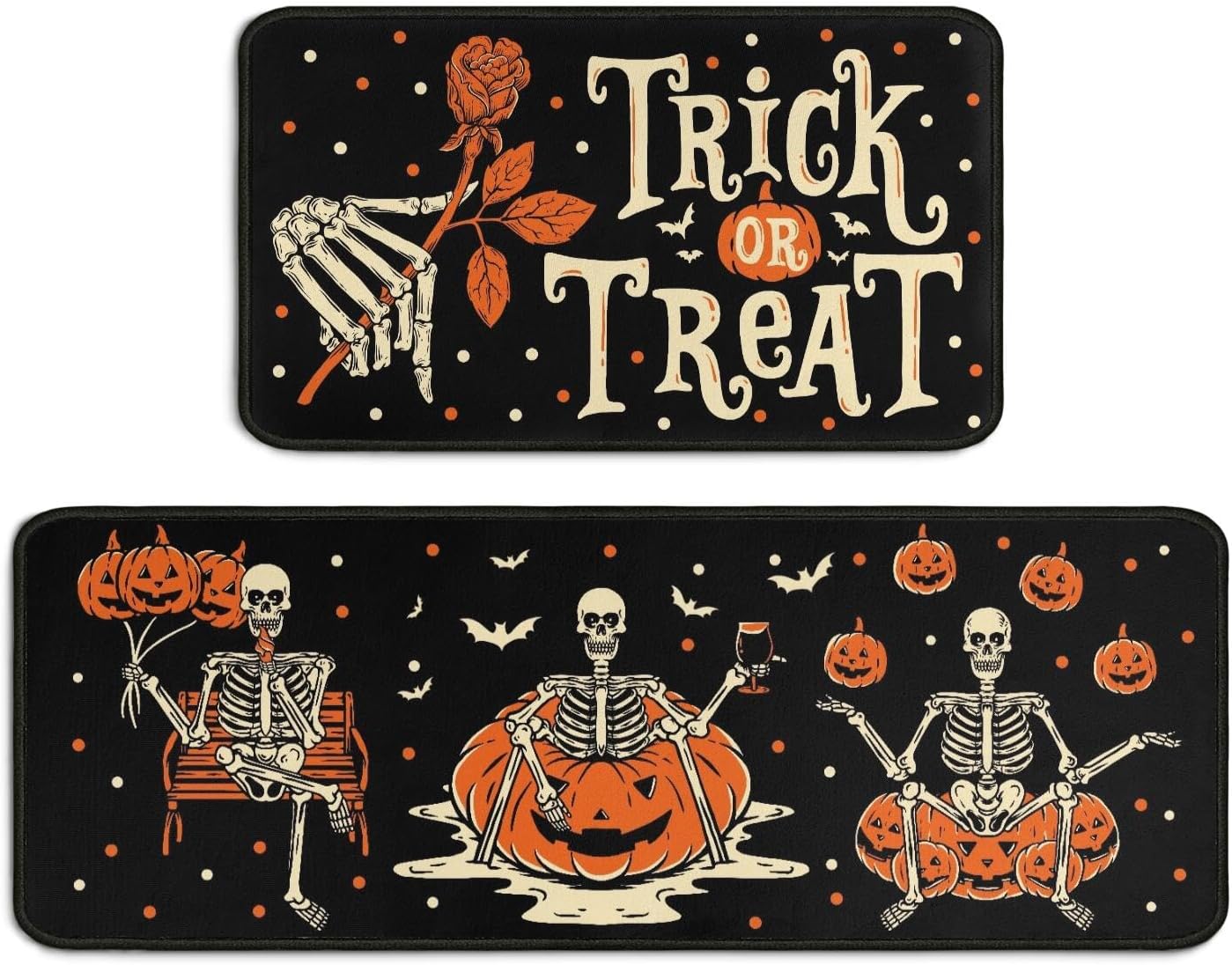 2 Piece Halloween Kitchen Decor Rugs Set,Skeleton Pumpkin Kitchen Rugs and Mats Non Skid Washable Absorbent Kitchen Accessories Decoration Floor Mats 17"x47"+17"x30"