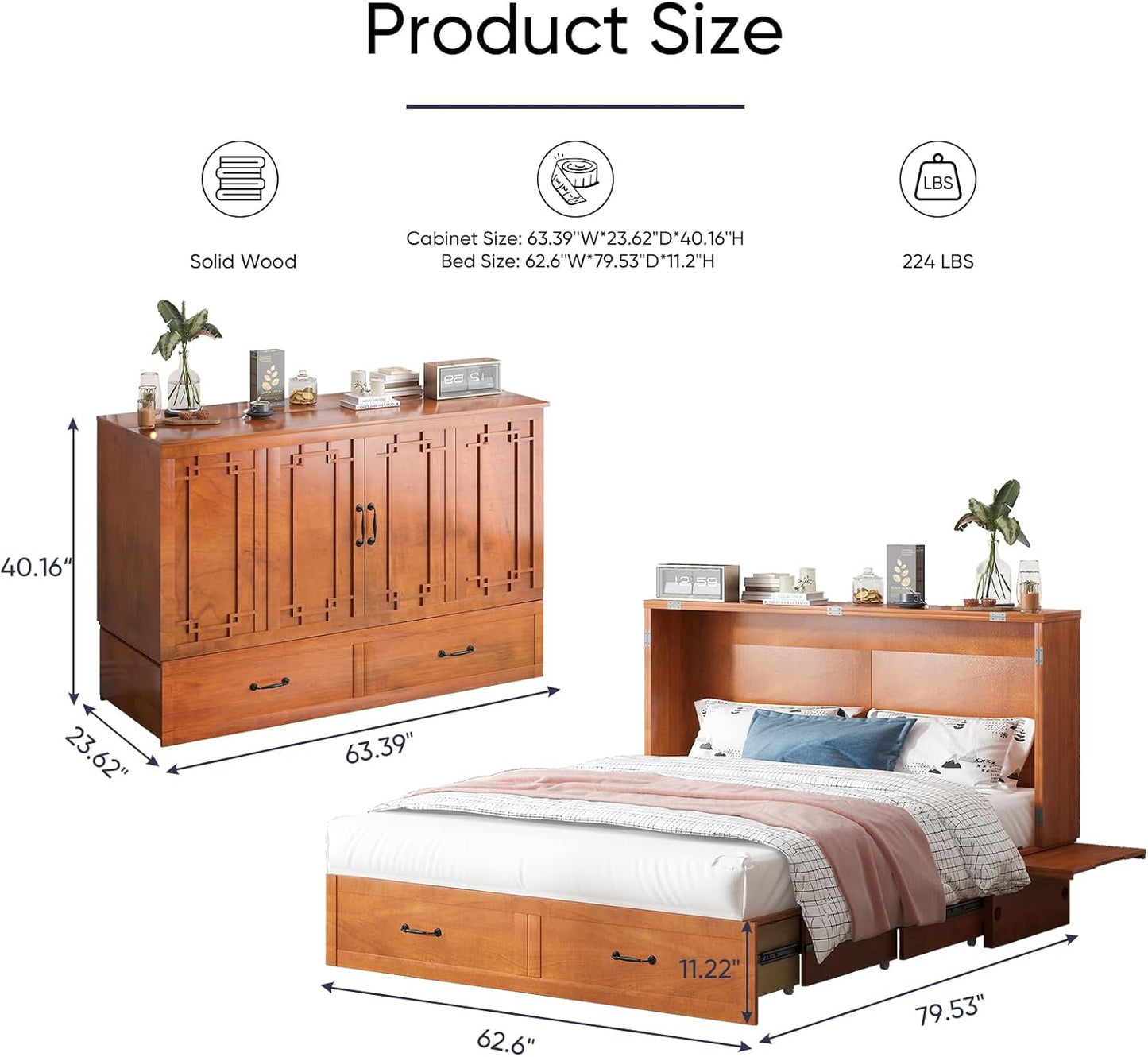 ijuicy Chest Murphy Bed Queen, Murphy Cube Cabinet Bed with 3 Level Foldable Memory Foam Mattress, 2 Large Drawers and Charging Station for Guests Room/Bedroom(Caramel Red)