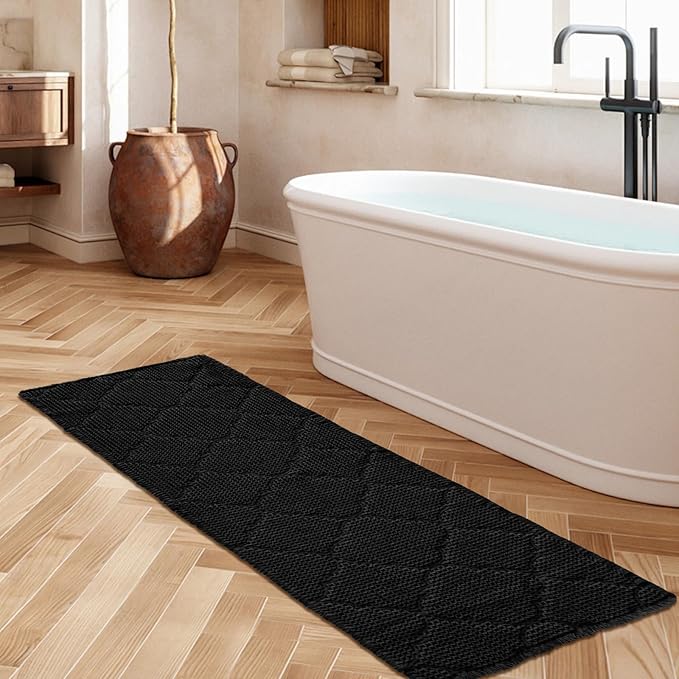 ZALL Black Waffle Bath Mat,Super Absorbent Non Slip Bathroom Rug,Brown 24X72 inch, Geometric Diamond Machine Washable Ultra Soft Floor Mats