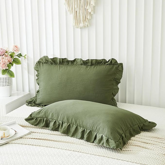 Merryword Olive Green Pillow Shams Standard Pillowcases 20x26inch Dark Green Ruffle Cute Pillow Cover Set of 2 Shabby Chic Soft Microfiber