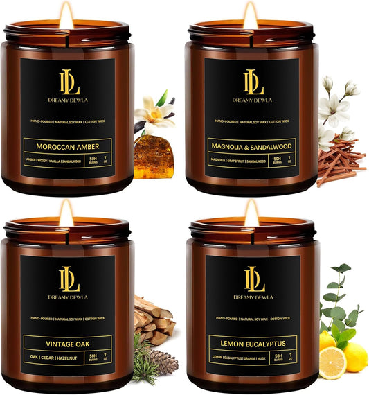 Scented Candles Set, Soy Candles for Home Scented, 4 Pack 28oz Candle Gifts for Men Women, Scents of Magnolia & Sandalwood/Moroccan Amber/Lemon Eucalyptus/Vintage Oak