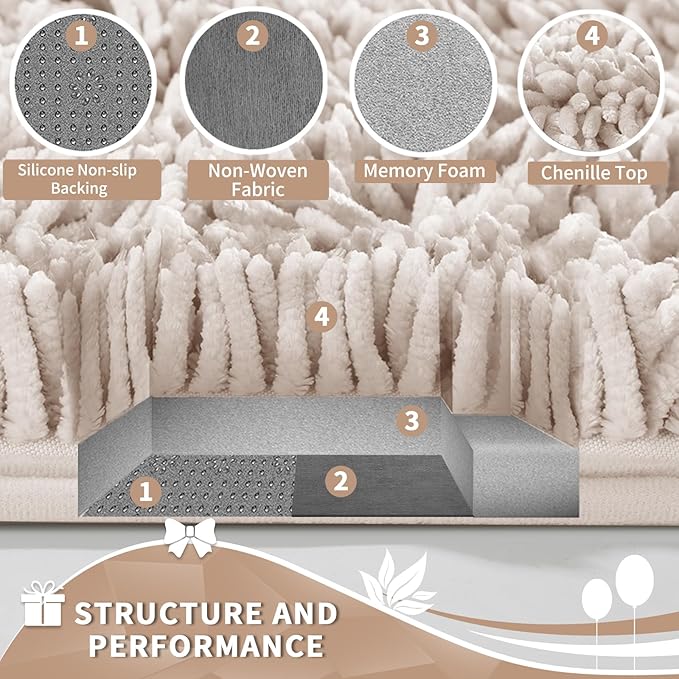Yimobra Toilet Rugs U Shaped Washable, Extra Thick Soft Absorbent Chenille Contour Bathroom Rugs for Toilet 24x20 Inch, Quick Dry Non Slip Toilet Mat for Bath Floor, Khaki