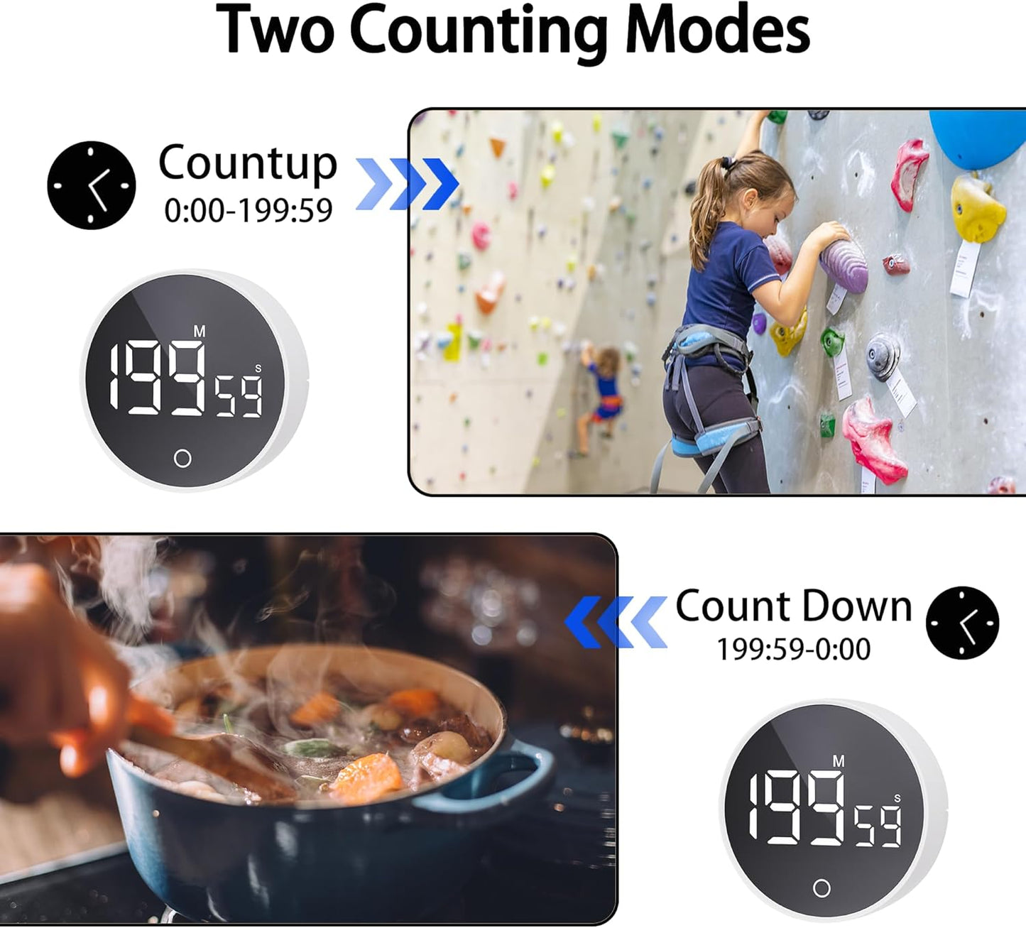 Digital Kitchen Timers, Visual timers Magnetic Countdown Countup Timer Large LED 200 Minutes Display Volume Adjustable for Cooking Fitness Studying, Easy for Kids and Seniors