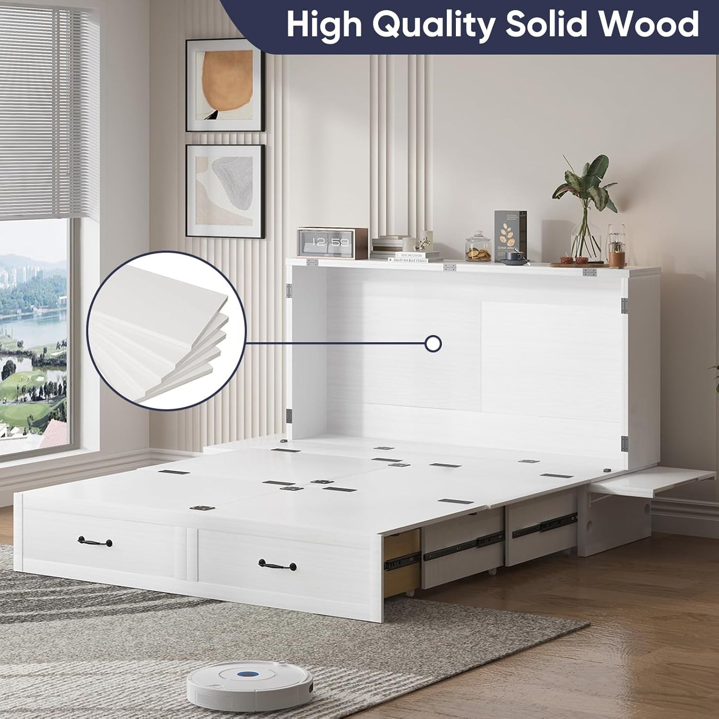 ijuicy Cube Murphy Bed Queen, Murphy Chest Cabinet Bed with 3 Level Foldable Memory Foam Mattress & 2 Large Drawers & Charging Station for Guests Room/Bedroom(White)