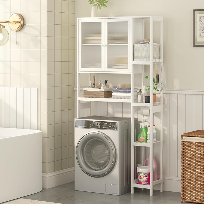 Over The Toilet Storage Cabinet Above Toilet Bathroom Organizer with Toilet Paper Holder Stand Bath Organizer with Adjustable Shelves & Acrylic Doors,Anti-Tip Device (White, 3 Tiers with Cabinet)