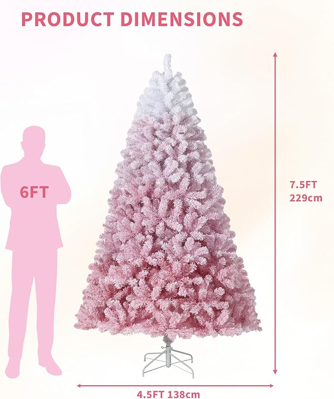 GarveeHome Pink Christmas Tree, 7.5ft Snow Flocked Artificial Christmas Tree with LED Warm White Lights & Metal Stand, Prelit Xmas Holiday Decoration for Home, Office, Party
