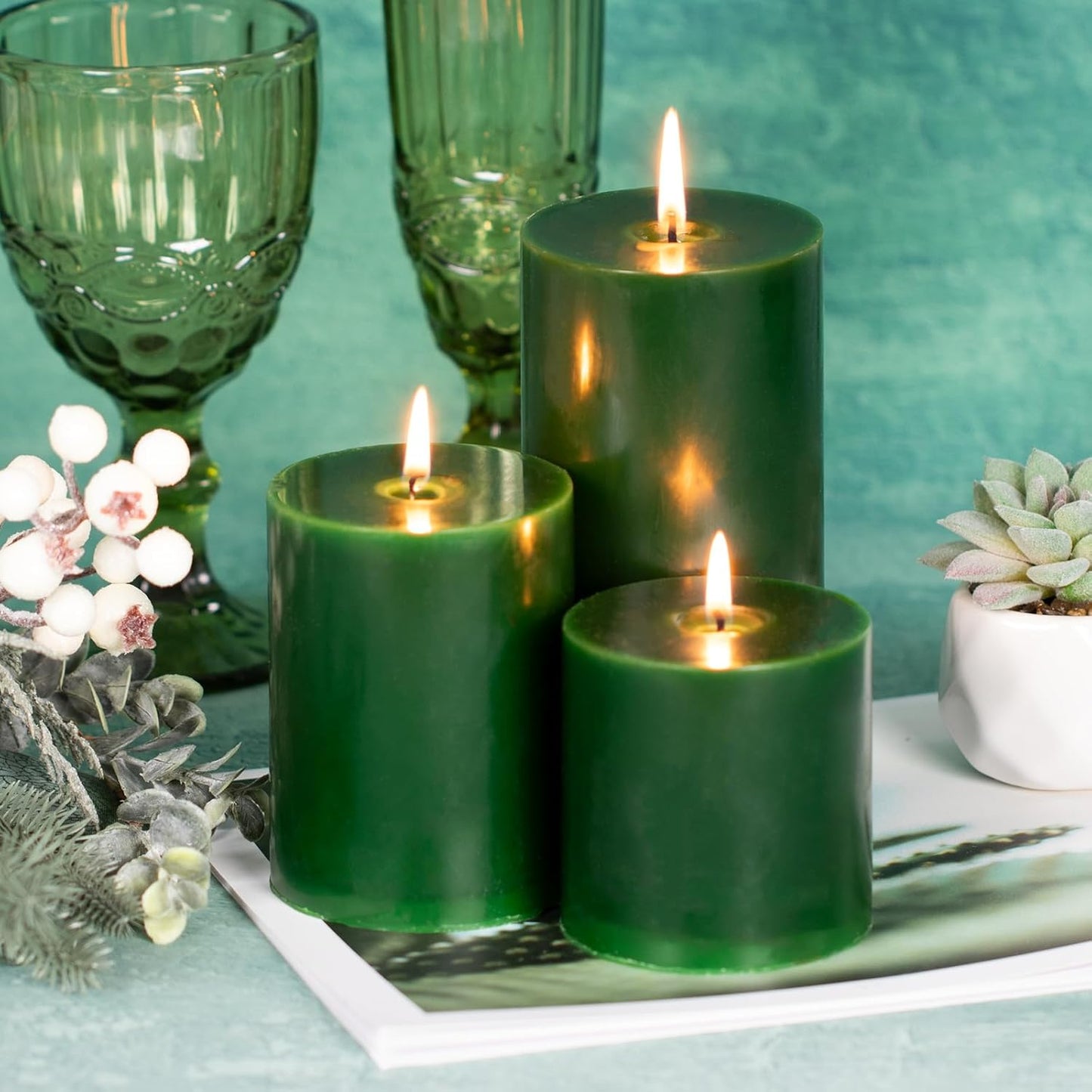 KONNI Navy Green Pillar Candles Set of 3, 3"x 6" Unscented Pillar Candles Bulk, 56 Hours Long Burning Candles, Smokeless&Dripless Large Round Candle for Wedding, Home Decoration, Parties, Spas, Dinner
