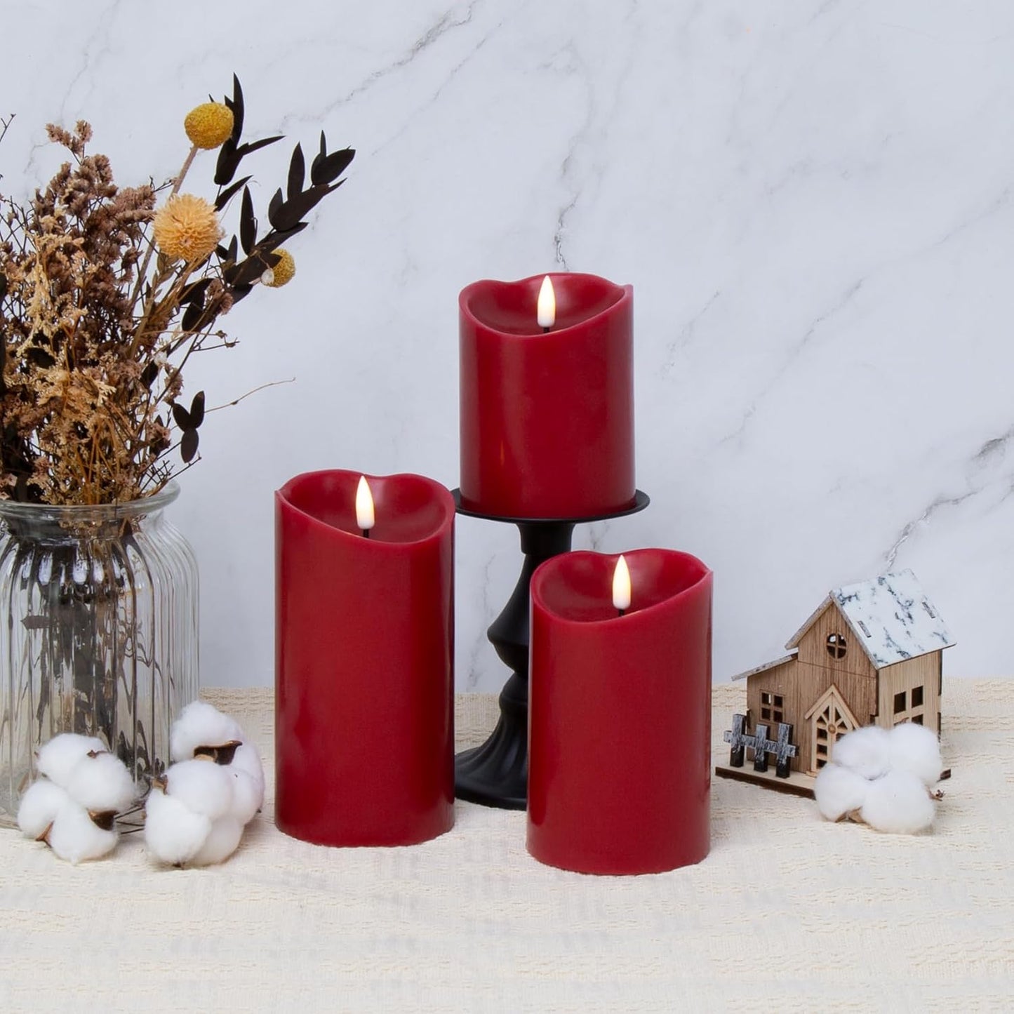 Eywamage Red Flameless LED Pillar Candles with Remote, Real Wax Flickering Battery Operated Christmas Candles Set of 3