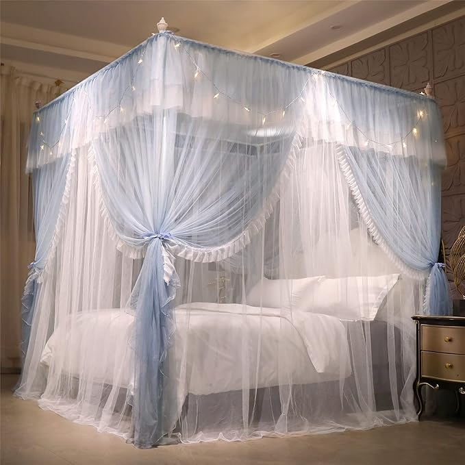 VETHIN 4 Corners Post Ruffle Princess Bed Canopy Curtain-Double Layer Cozy Drape Netting 4 Opening Mosquito Net for Girls Adults Bedroom Decoration (Gray/White,78" W*86" L*82"*H/King)