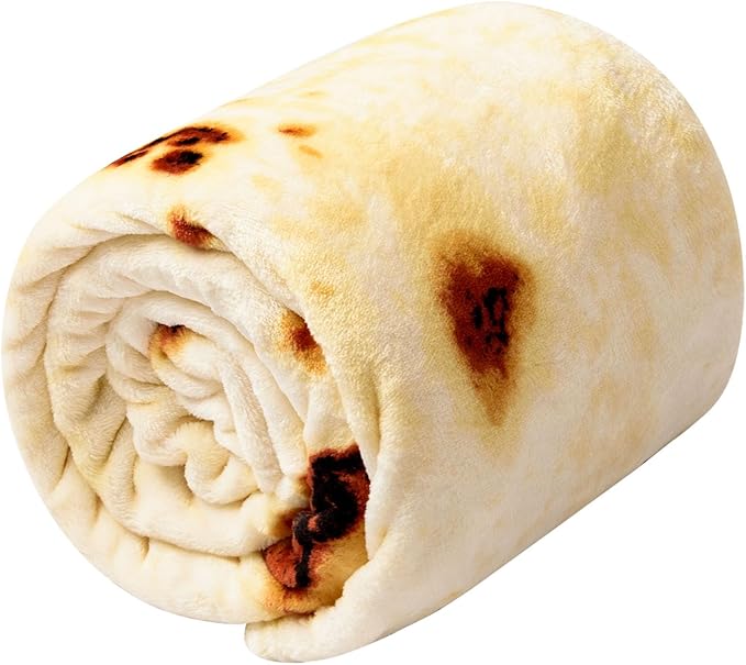 Vessia Burritos Tortilla Blanket Throw Size(Beige,47 inches), Giant Realistic Funny Food Throw for Adults and Kids, 300 GSM Double Sided Soft Novelty Round Taco Blanket