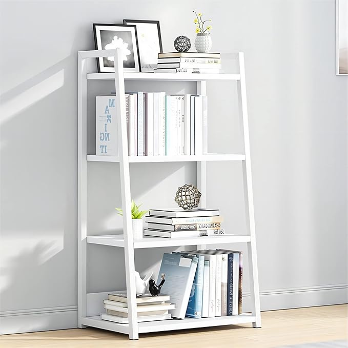 IOTXY 4 Tier Open Bookshelf - Steel and Wood Display Stand, 50CM Width Floor-Standing Bookcase, White