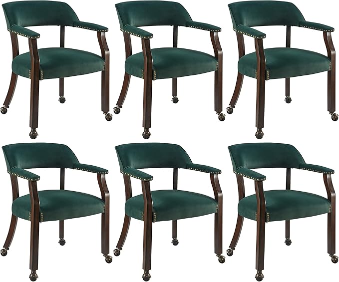 MODERION Dinning Chairs with Wheels and Arms Set of 6, Solid Wood Office Desk Chairs with Frosted Velvet Upholstered, Classic Swivel Accent Chairs, 31.5" H Boss Caption's Chair, Sea Green XXY-HT22-SG
