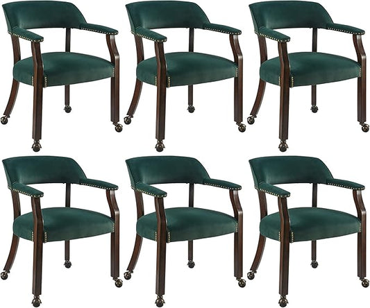 MODERION Dinning Chairs with Wheels and Arms Set of 6, Solid Wood Office Desk Chairs with Frosted Velvet Upholstered, Classic Swivel Accent Chairs, 31.5" H Boss Caption's Chair, Sea Green XXY-HT22-SG