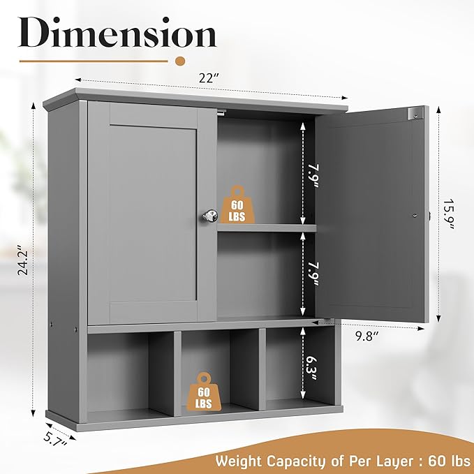 Meilocar Bathroom Wall Cabinet, Bathroom Cabinet Wall Mount with 2 Doors and 3 Open Shelves, Over The Toilet Wood Medicine Cabinets for Laundry Room, Grey
