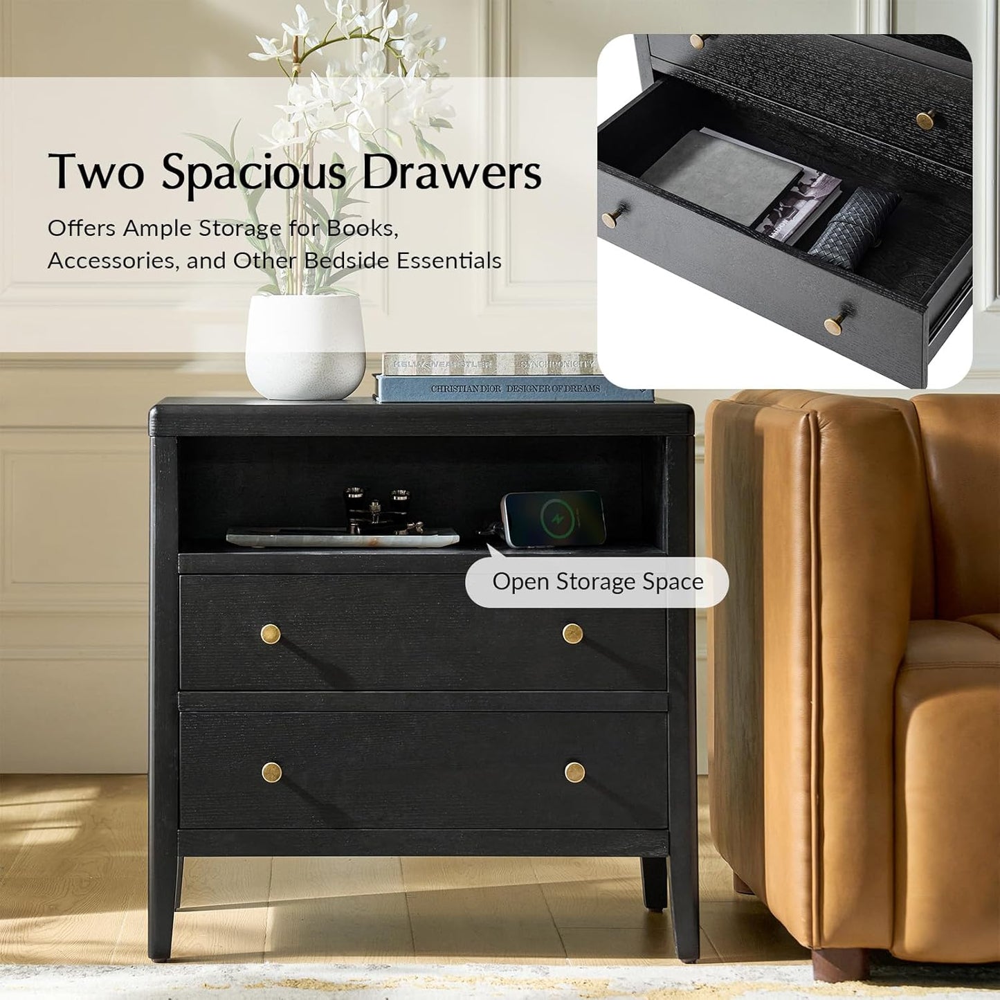 HULALA HOME Nightstand with Charging Station, Modern 2 Drawer Night Stand with Solid Wood Frame, Large Wood Bedside Table with Open Storage Space, Charcoal