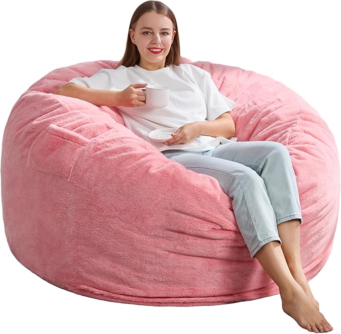 Hobestluk 4ft Bean Bag Chairs for Adults Large Beanbag Chair with Plush Faux Fur Cover Big Bean Bag Chair for Living Room Bedroom Dorm Office -Pink (44” x 44” x 24”)