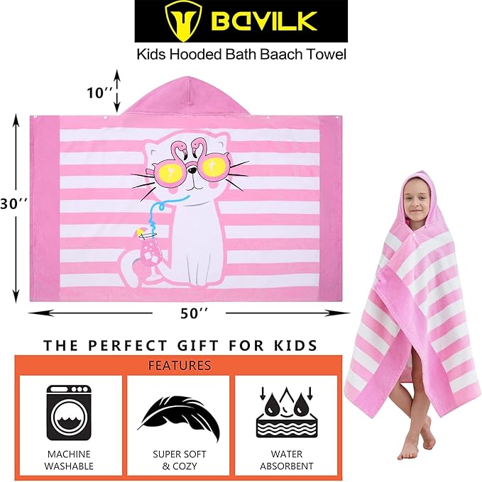 Kids Bath Towels, Kids Towel Girls Boys Hooded Beach,Bathroom,Pool Swim Towels 30 × 50 INCH Large Size Ultra Absorbent Cute Cartoon Animal Full Vitality 100% Cotton Wearable Wrap for Child
