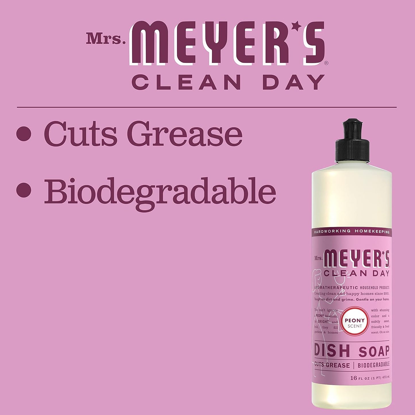 MRS. MEYER'S CLEAN DAY Liquid Dish Soap, Biodegradable Formula, Peony, 16 fl. oz - Pack of 6