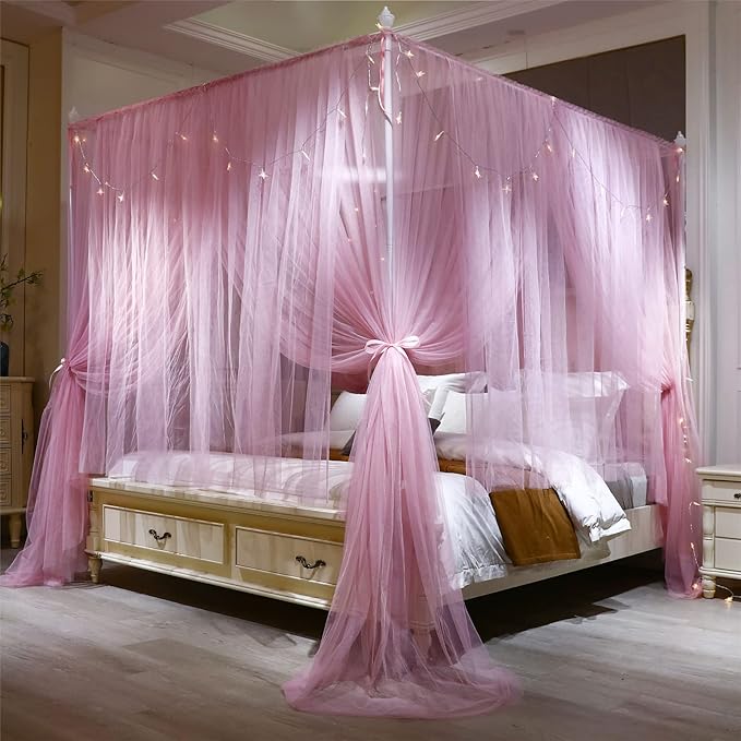 VETHIN 4 Corners Post Princess Bed Canopy Curtain Double Layer Cozy Drape Netting 4 Opening Mosquito Net for Girls & Adults Bedroom Decoration Accessories (Double Pink, 47" W*78" L*82"*H/Twin)