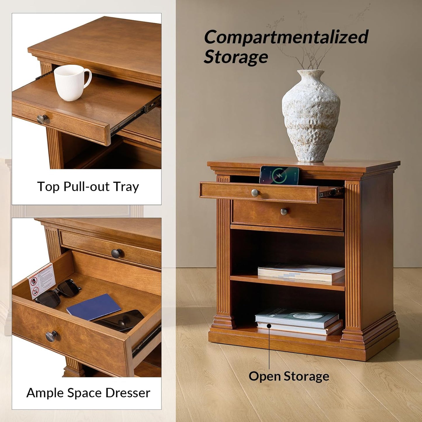HULALA HOME Wood Nightstand with Tray and Storage Shelves, Traditional Design with Roman Column, End Table with Charging Station/LED, AC0RN