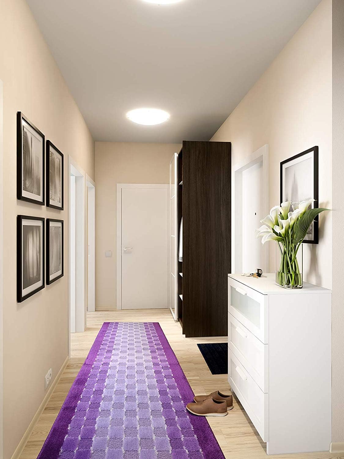Custom Length Hallway Runner Rug,Slip Resistant,Checkered Lilac, 26 Inch X 15 feet, Sold and Priced Per Foot