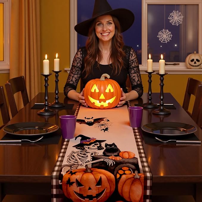 Halloween Table Runner with Spooky Skeletons, Black Cats & Pumpkins, Table Decoration for Dining Party and Home Decor,72x13 inches