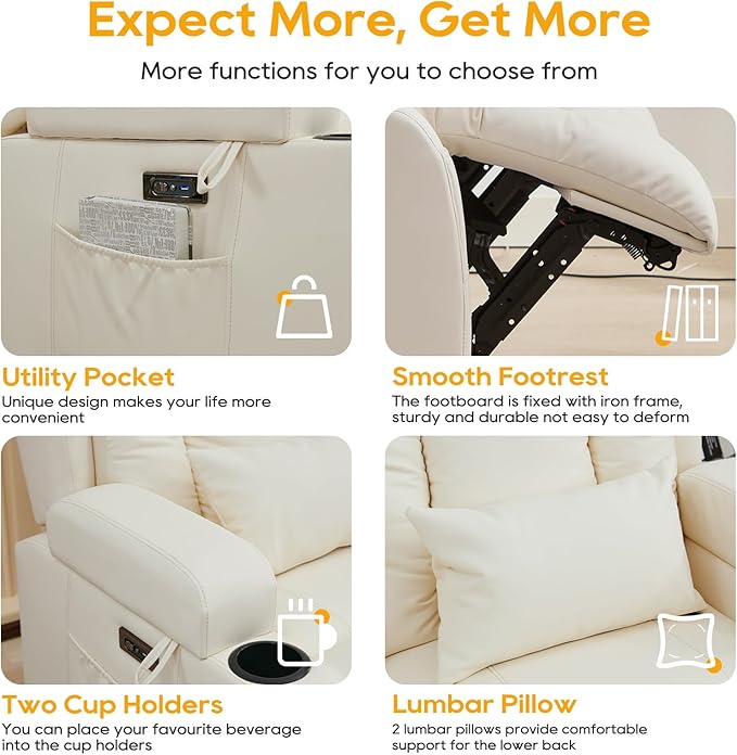 IPKIG 54" Power Loveseat Recliner Sofa, Electric Home Theater Seating with Massage Heat/4 Colors Ambient Lights/USB Port/Side Pocket/Cup Holder for Living Room, Bedroom, RV (Off-White, 2 Seater)