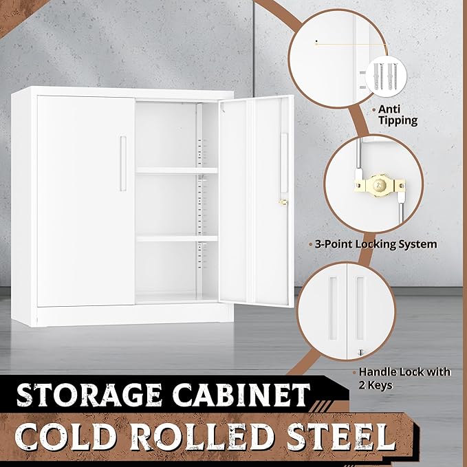SUNCROWN 36” Metal Storage Cabinets with Doors and 2 Adjustable Shelves, Locking Tool Garage Cabinet, File Cabinets for Home & Office (White)