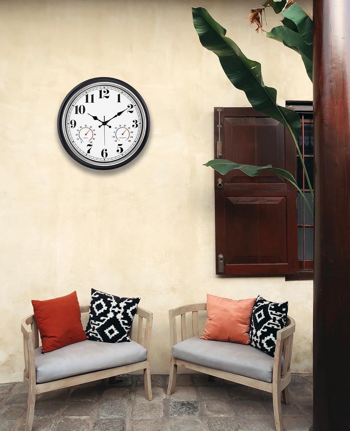 45MinST 16 Inch Silver Vintage Large Indoor/Outdoor Waterproof Wall Clock with Thermometer & Hygrometer, Silent Non-Ticking Quartz Timepiece for Home, Porch, Garden