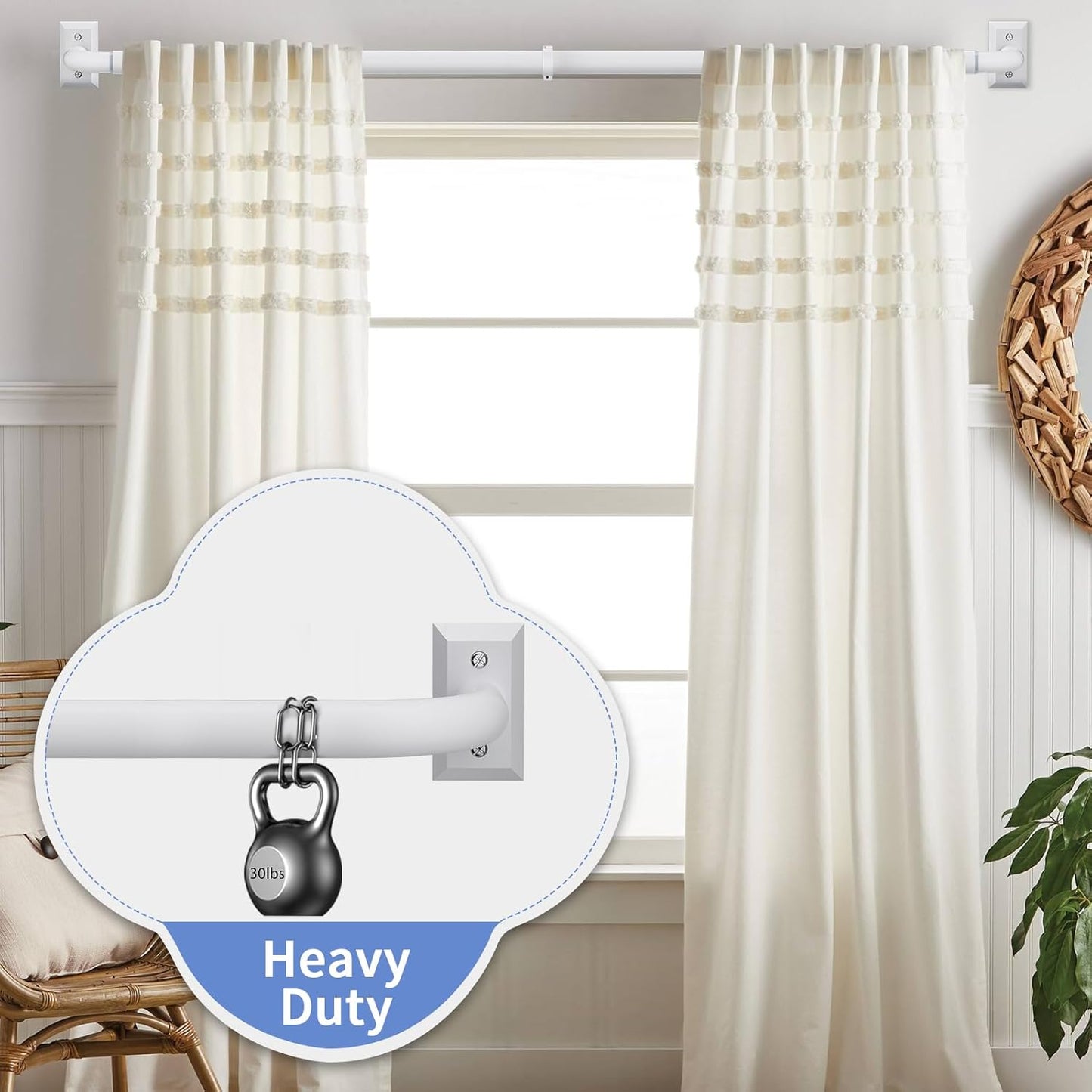 White Blackout Curtain Rod for Windows 28 to 48 Inches, Wrap Around Drapery Rod, Heavy Duty Curtain Rods for Darkening, Modern Decorative Curtain Treatment, White