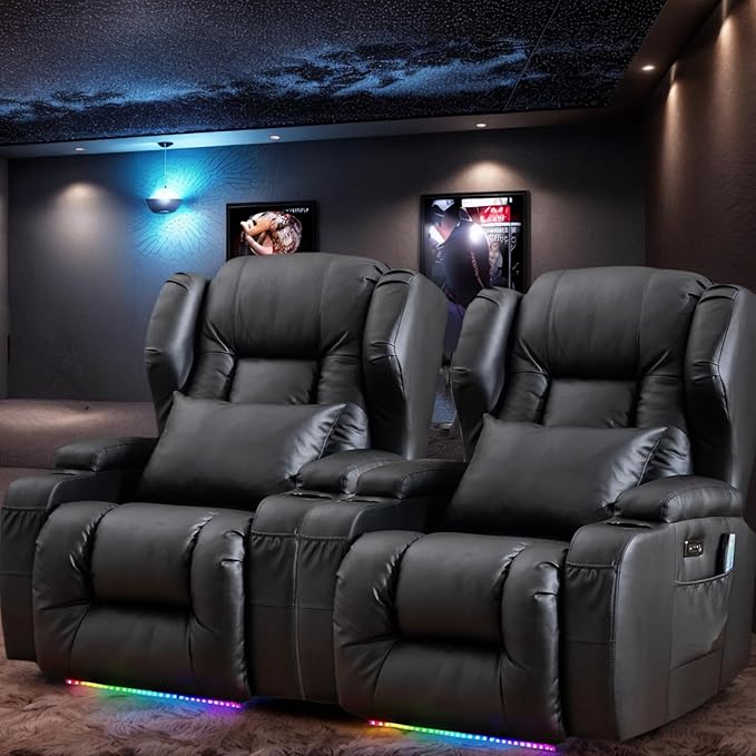 Wall Hugger Power Recliner Chair, Home Theater Seating Electric Recliing Sofa with Massage & Heat, Cup Holder, USB Port, LED Ambient Light, Storage for Living Room (Black, 2 Chairs)